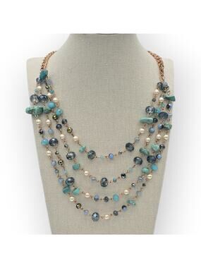 Turquoise Crystal Faux Pearl Layered Necklace Gold Tone - Coastal Chic